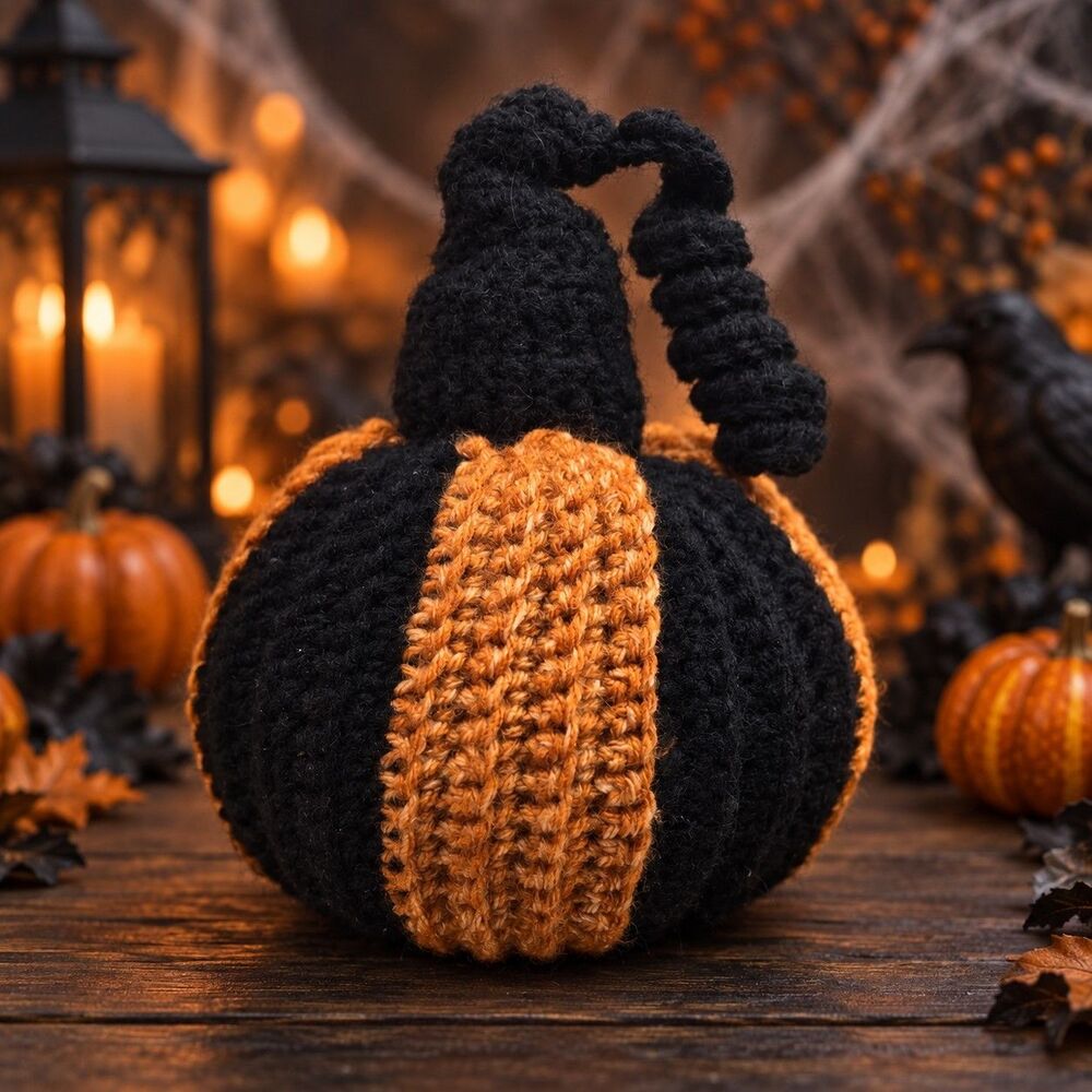 New Handmade Twisted Pumpkin Crochet Black Orange Curly Stem Halloween Decor 7"